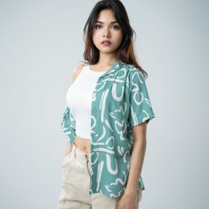 Women’s Abstract Printed Half Sleeve Cuban Shirt in Mint green