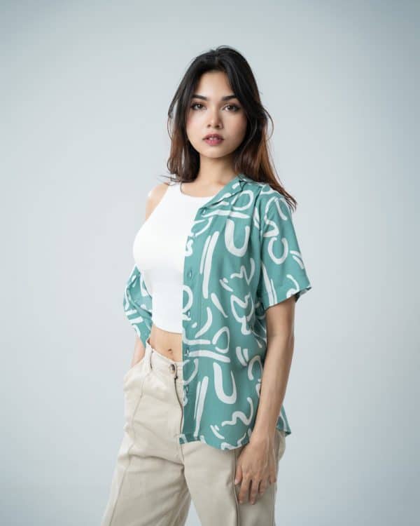 Women’s Abstract Printed Half Sleeve Cuban Shirt in Mint green