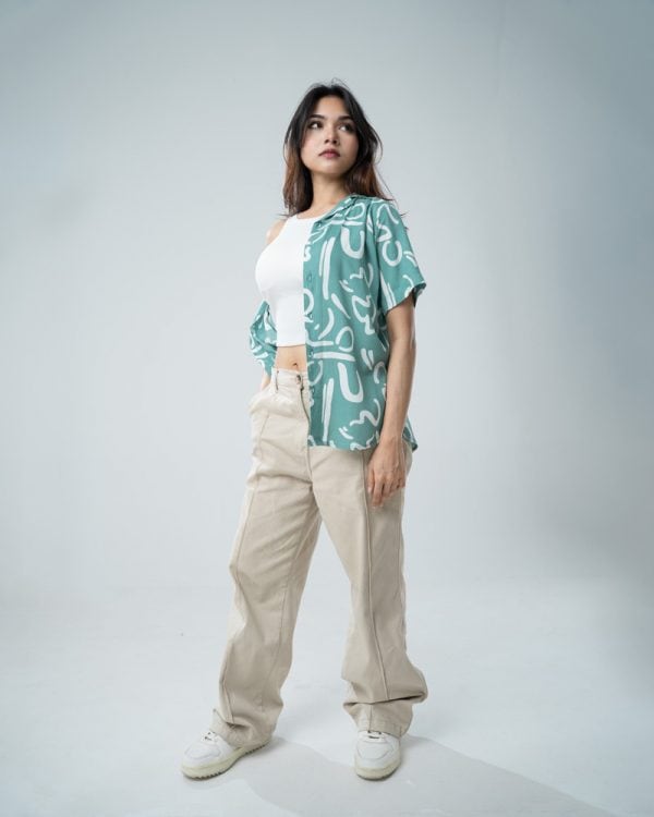 Women’s Abstract Printed Half Sleeve Cuban Shirt in Mint green - Image 8