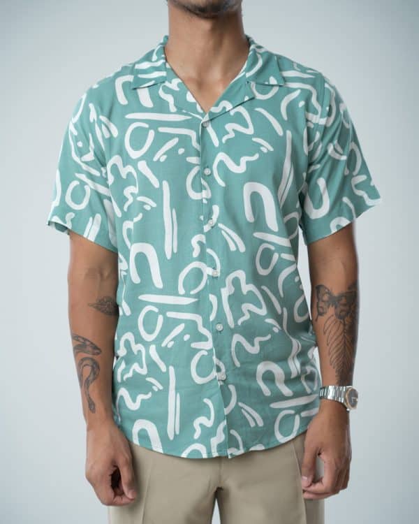 Men’s Abstract Printed Half Sleeve Cuban Shirt in Mint Green - Image 3