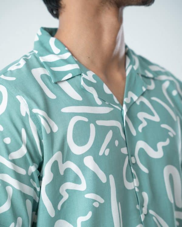 Men’s Abstract Printed Half Sleeve Cuban Shirt in Mint Green - Image 2