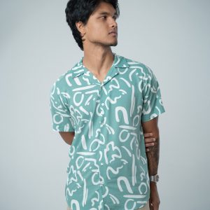 Men’s Abstract Printed Half Sleeve Cuban Shirt in Mint Green