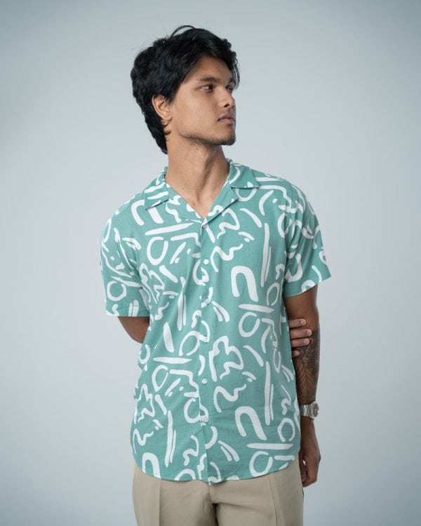 Men’s Abstract Printed Half Sleeve Cuban Shirt in Mint Green