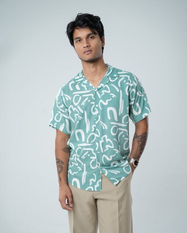 Men’s Abstract Printed Half Sleeve Cuban Shirt in Mint Green - Image 6