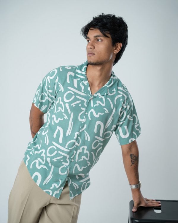 Men’s Abstract Printed Half Sleeve Cuban Shirt in Mint Green - Image 8