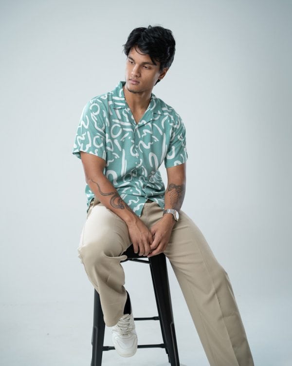 Men’s Abstract Printed Half Sleeve Cuban Shirt in Mint Green - Image 10