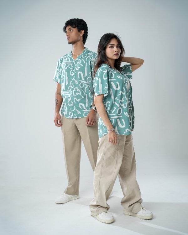 Women’s Abstract Printed Half Sleeve Cuban Shirt in Mint green - Image 9