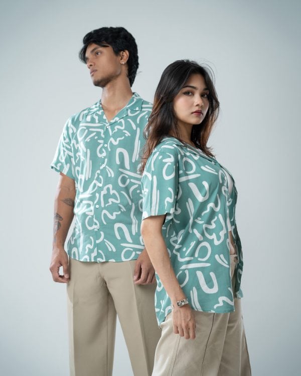 Women’s Abstract Printed Half Sleeve Cuban Shirt in Mint green - Image 5