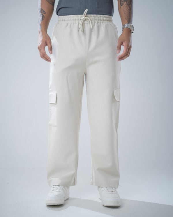 Men's Twill Patterned Baggy Fit Cargo Pants in Off White - Image 3