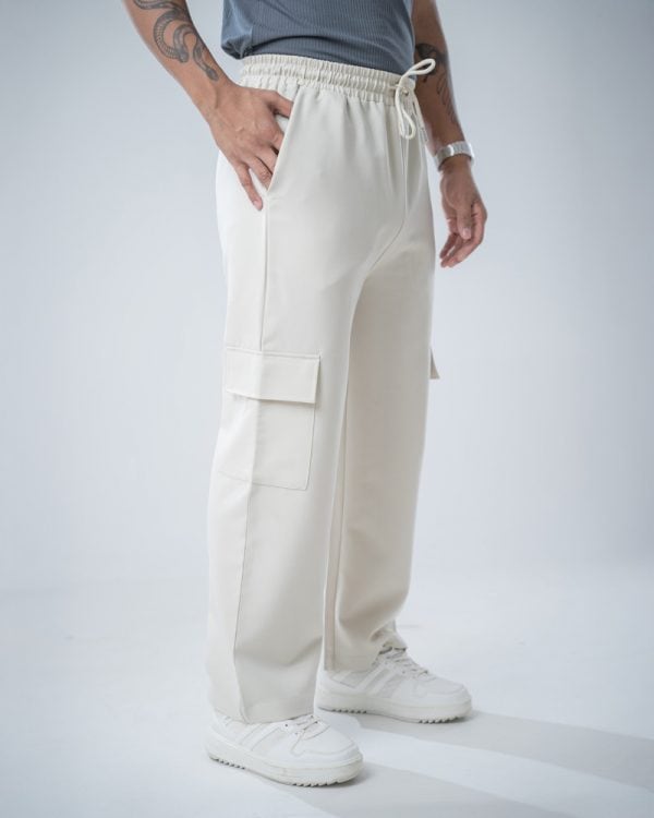 Men's Twill Patterned Baggy Fit Cargo Pants in Off White