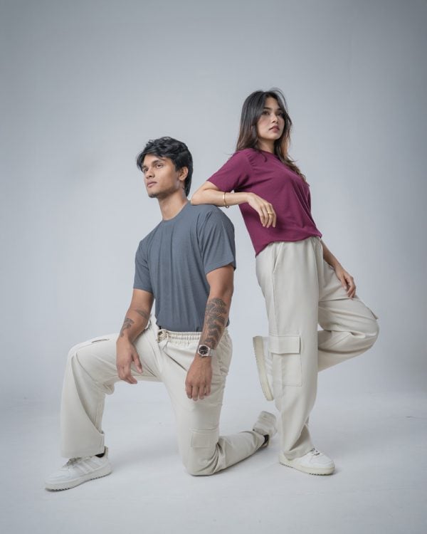 Men's Twill Patterned Baggy Fit Cargo Pants in Off White - Image 10