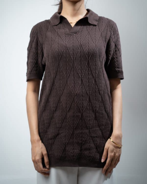 Women's Diamond Knit Polo in Dark Brown - Image 3