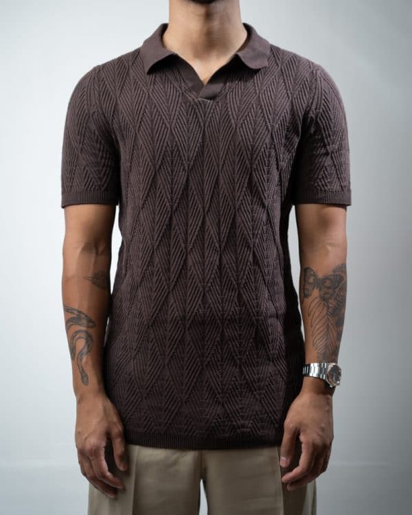 Men's Diamond Knit Polo in Dark Brown - Image 3
