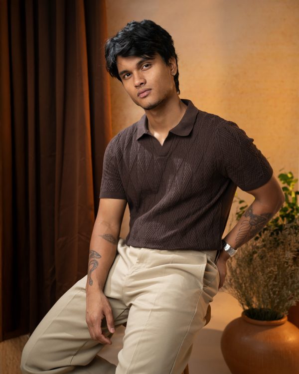 Men's Diamond Knit Polo in Dark Brown - Image 5