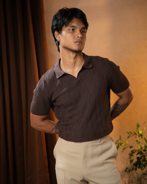 Men's Diamond Knit Polo in Dark Brown - Image 4
