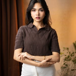 Women's Diamond Knit Polo in Dark Brown