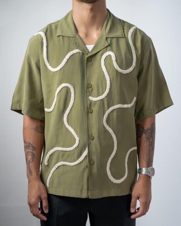 Men’s Embroidered Driftline Patterned Half Sleeve Oversized Drop Shoulder Cuban Shirt in Olive - Image 2