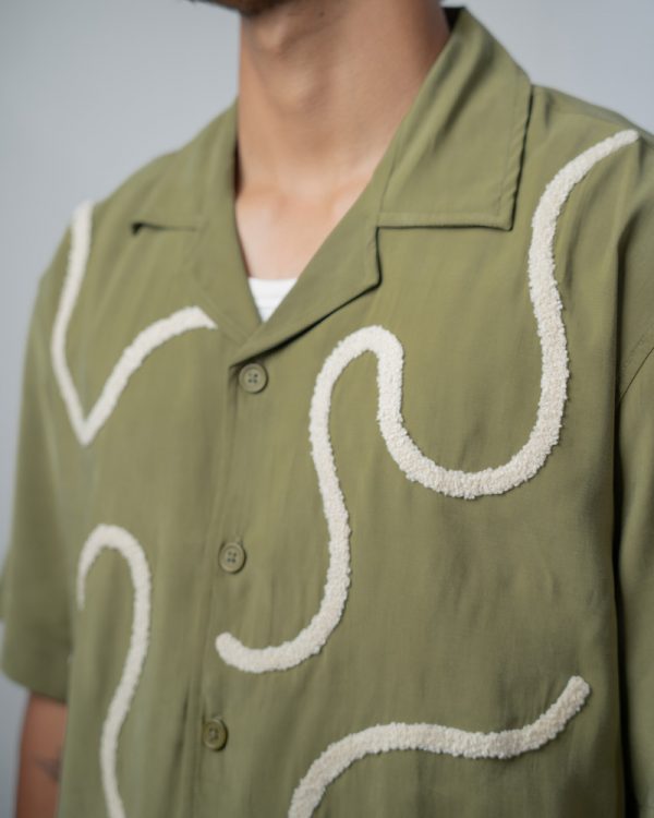 Men’s Embroidered Driftline Patterned Half Sleeve Oversized Drop Shoulder Cuban Shirt in Olive - Image 3