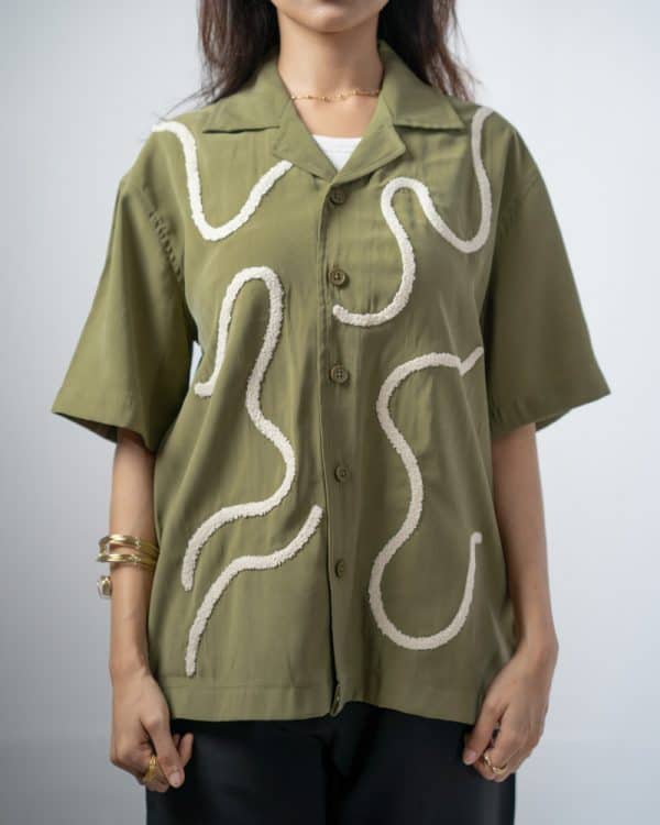Women’s Embroidered Driftline Patterned Half Sleeve Oversized Drop Shoulder Cuban Shirt in Olive - Image 3