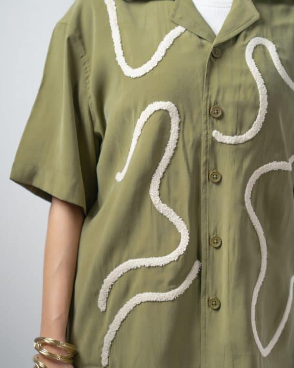 Women’s Embroidered Driftline Patterned Half Sleeve Oversized Drop Shoulder Cuban Shirt in Olive - Image 5