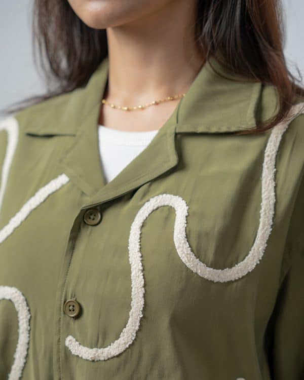 Women’s Embroidered Driftline Patterned Half Sleeve Oversized Drop Shoulder Cuban Shirt in Olive - Image 4