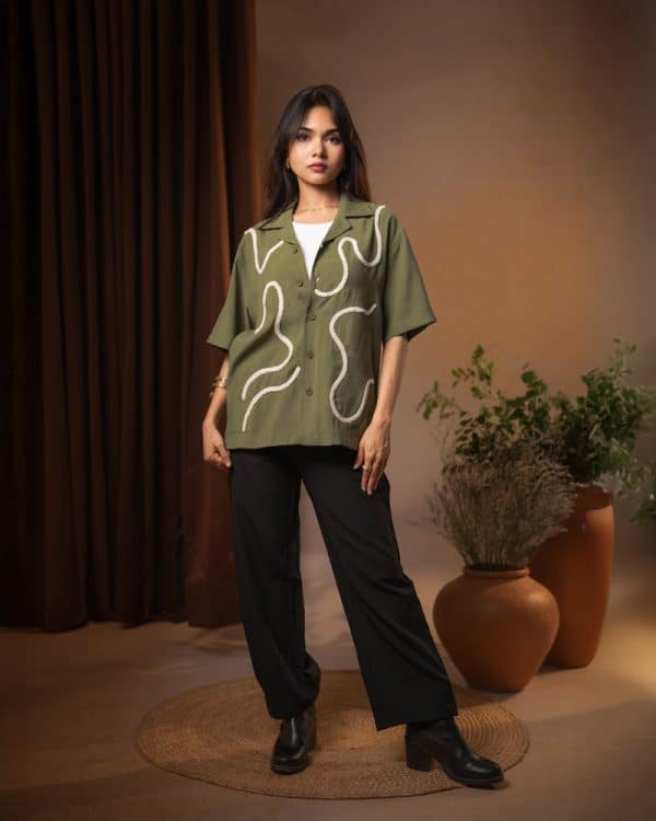 Women’s Embroidered Driftline Patterned Half Sleeve Oversized Drop Shoulder Cuban Shirt in Olive - Image 6