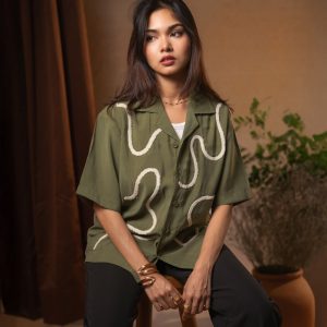 Women’s Embroidered Driftline Patterned Half Sleeve Oversized Drop Shoulder Cuban Shirt in Olive