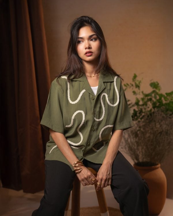 Women’s Embroidered Driftline Patterned Half Sleeve Oversized Drop Shoulder Cuban Shirt in Olive