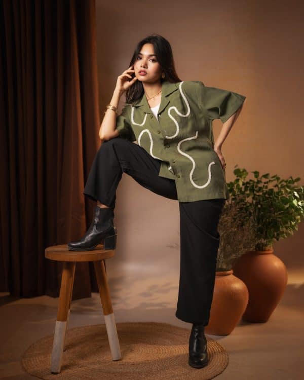 Women’s Embroidered Driftline Patterned Half Sleeve Oversized Drop Shoulder Cuban Shirt in Olive - Image 2