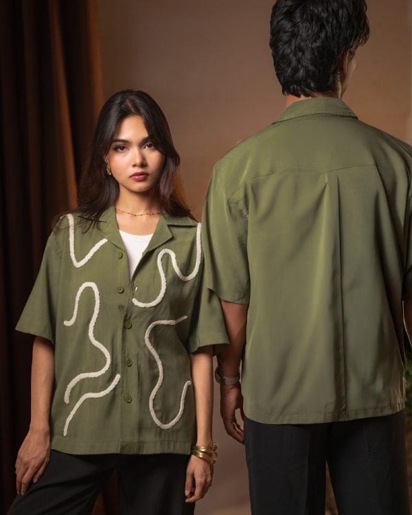 Women’s Embroidered Driftline Patterned Half Sleeve Oversized Drop Shoulder Cuban Shirt in Olive - Image 7