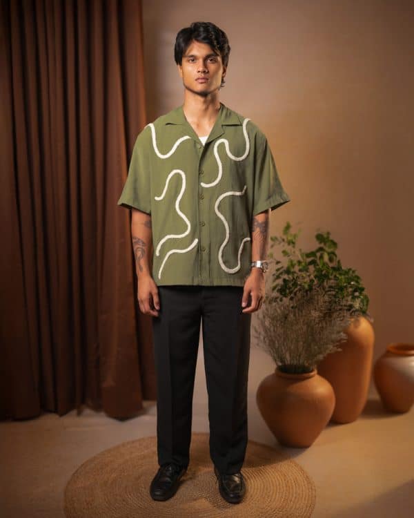 Men’s Embroidered Driftline Patterned Half Sleeve Oversized Drop Shoulder Cuban Shirt in Olive - Image 5