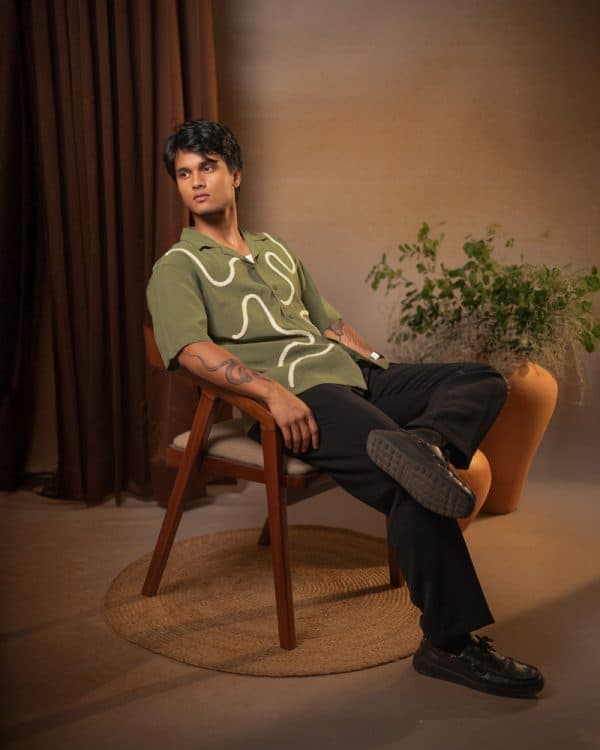 Men’s Embroidered Driftline Patterned Half Sleeve Oversized Drop Shoulder Cuban Shirt in Olive - Image 7