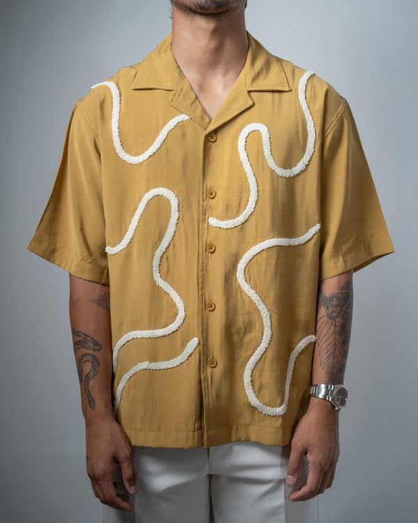 Men’s Embroidered Driftline Patterned Half Sleeve Oversized Drop Shoulder Cuban Shirt in Ochre - Image 3