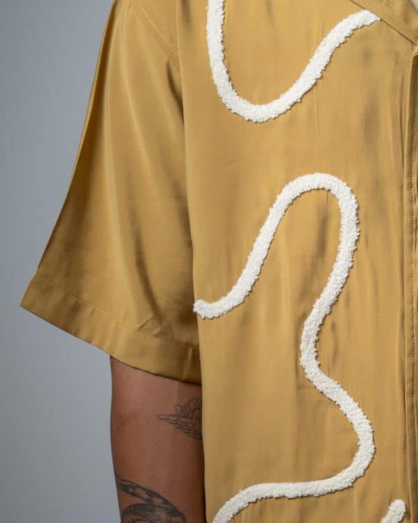 Men’s Embroidered Driftline Patterned Half Sleeve Oversized Drop Shoulder Cuban Shirt in Ochre - Image 5