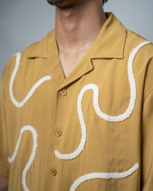 Men’s Embroidered Driftline Patterned Half Sleeve Oversized Drop Shoulder Cuban Shirt in Ochre - Image 4