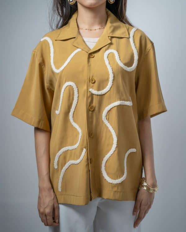 Women’s Embroidered Driftline Patterned Half Sleeve Oversized Drop Shoulder Cuban Shirt in Ochre - Image 3
