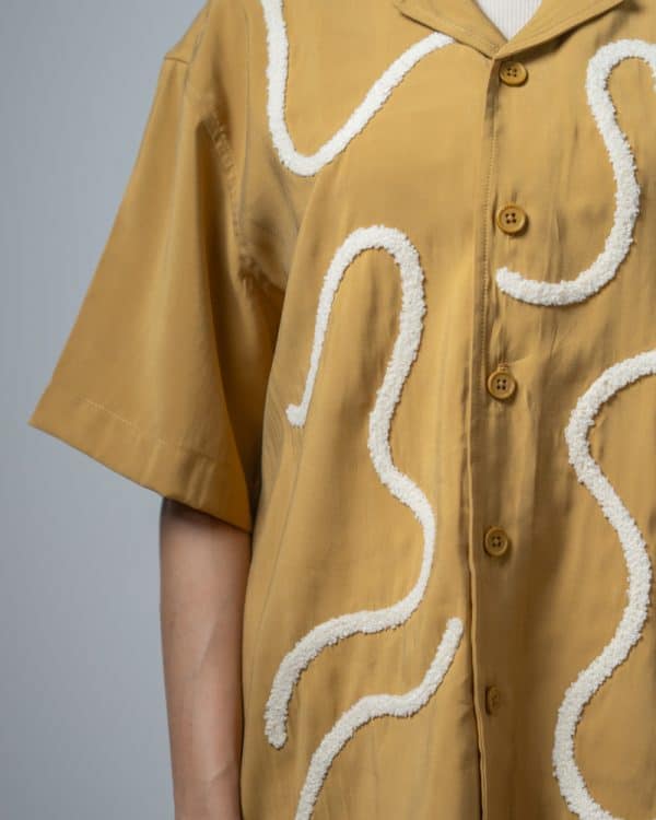 Women’s Embroidered Driftline Patterned Half Sleeve Oversized Drop Shoulder Cuban Shirt in Ochre - Image 5