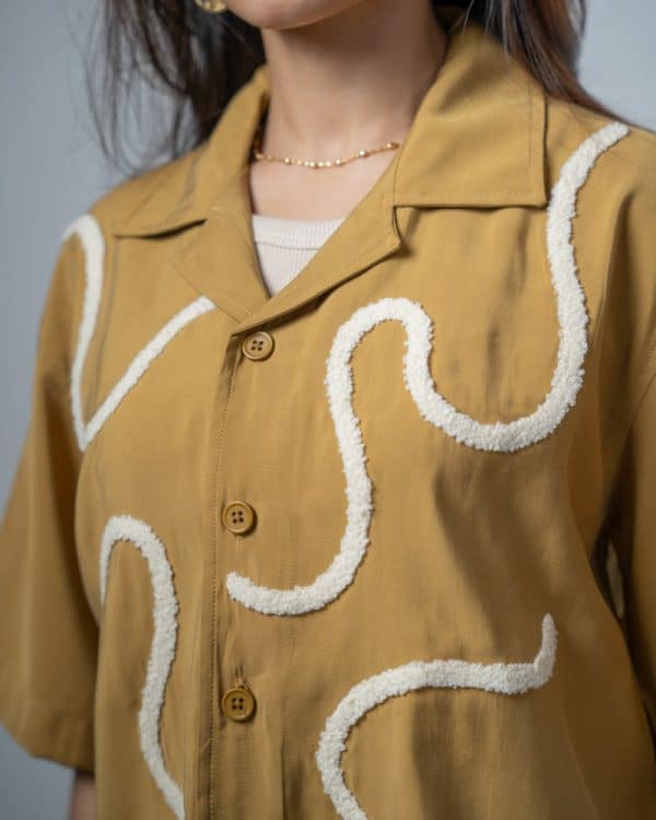 Women’s Embroidered Driftline Patterned Half Sleeve Oversized Drop Shoulder Cuban Shirt in Ochre - Image 4