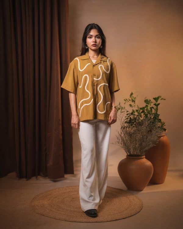 Women’s Embroidered Driftline Patterned Half Sleeve Oversized Drop Shoulder Cuban Shirt in Ochre - Image 8
