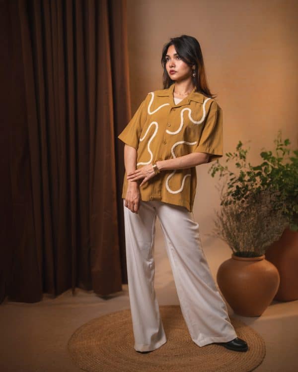 Women’s Embroidered Driftline Patterned Half Sleeve Oversized Drop Shoulder Cuban Shirt in Ochre - Image 2