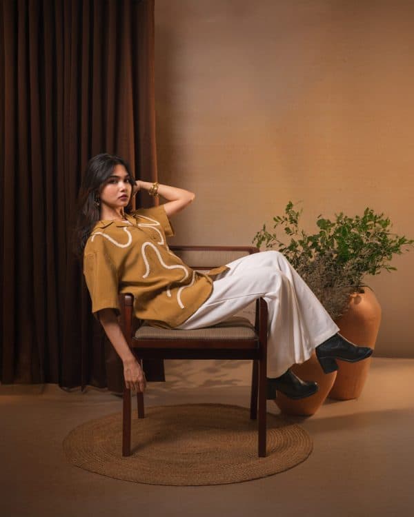 Women’s Embroidered Driftline Patterned Half Sleeve Oversized Drop Shoulder Cuban Shirt in Ochre - Image 10