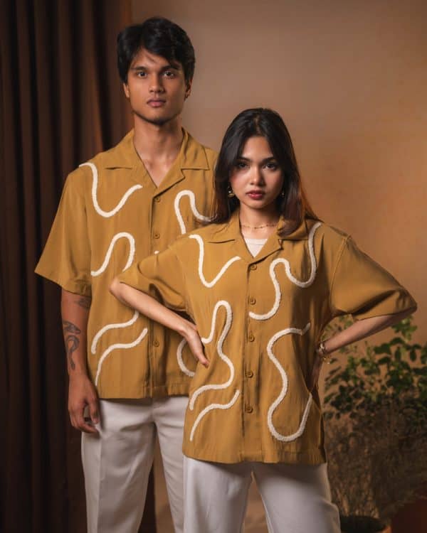 Women’s Embroidered Driftline Patterned Half Sleeve Oversized Drop Shoulder Cuban Shirt in Ochre - Image 7