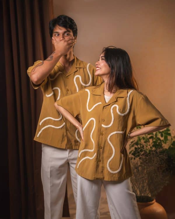 Women’s Embroidered Driftline Patterned Half Sleeve Oversized Drop Shoulder Cuban Shirt in Ochre - Image 11