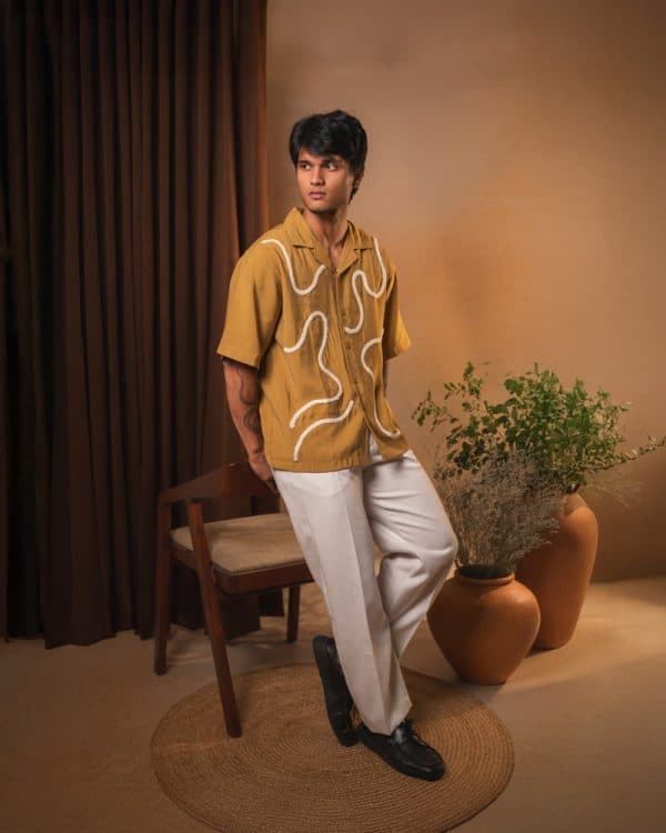 Men’s Embroidered Driftline Patterned Half Sleeve Oversized Drop Shoulder Cuban Shirt in Ochre - Image 2