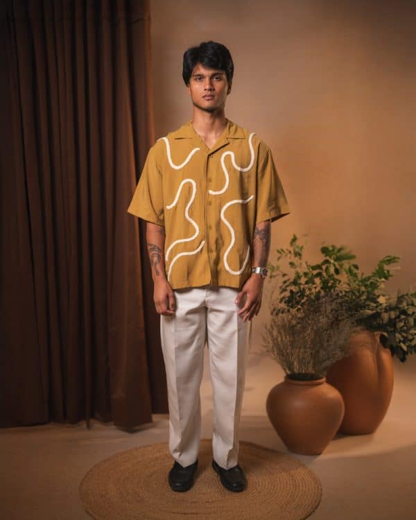 Men’s Embroidered Driftline Patterned Half Sleeve Oversized Drop Shoulder Cuban Shirt in Ochre - Image 10