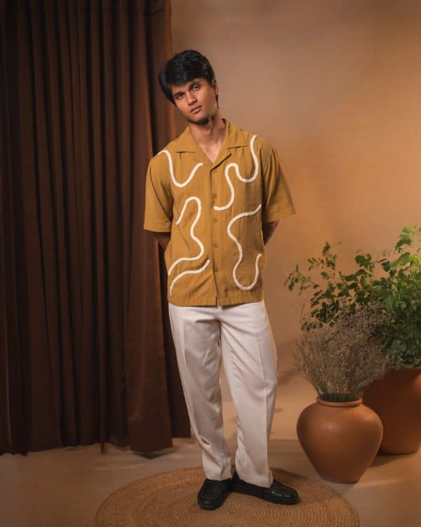 Men’s Embroidered Driftline Patterned Half Sleeve Oversized Drop Shoulder Cuban Shirt in Ochre - Image 8