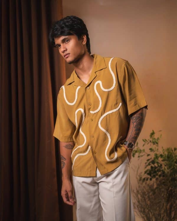 Men’s Embroidered Driftline Patterned Half Sleeve Oversized Drop Shoulder Cuban Shirt in Ochre - Image 6