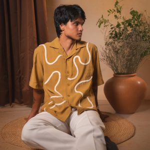 Men’s Embroidered Driftline Patterned Half Sleeve Oversized Drop Shoulder Cuban Shirt in Ochre