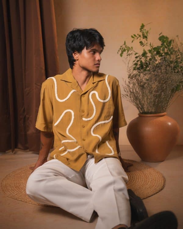 Men’s Embroidered Driftline Patterned Half Sleeve Oversized Drop Shoulder Cuban Shirt in Ochre