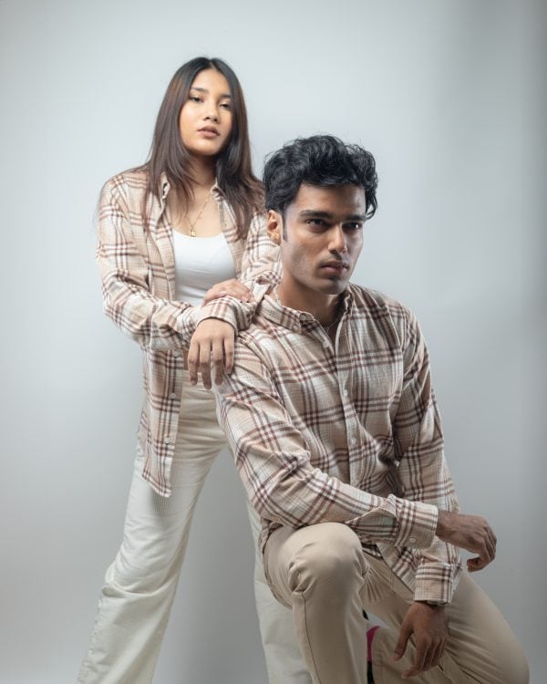 Men’s Long Sleeve Flannel Shirt in Cream - Image 6